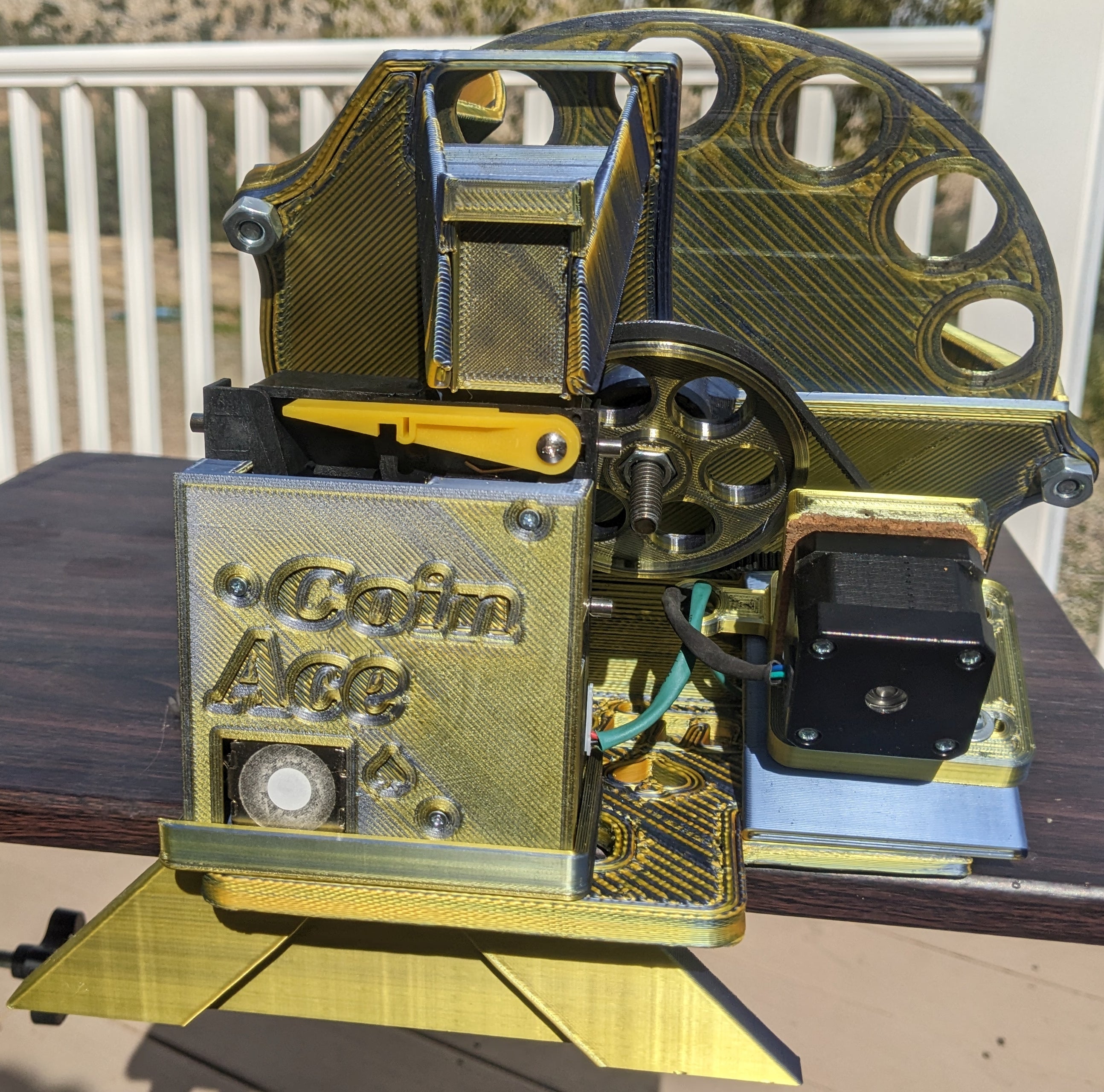 Coin Ace Penny Sorting Machine Rear View Showing Electric Coin Sensor & Coin Machine Stepper Motor & Penny Sorter Machine Coin Wheel & Coin Exit Chute
